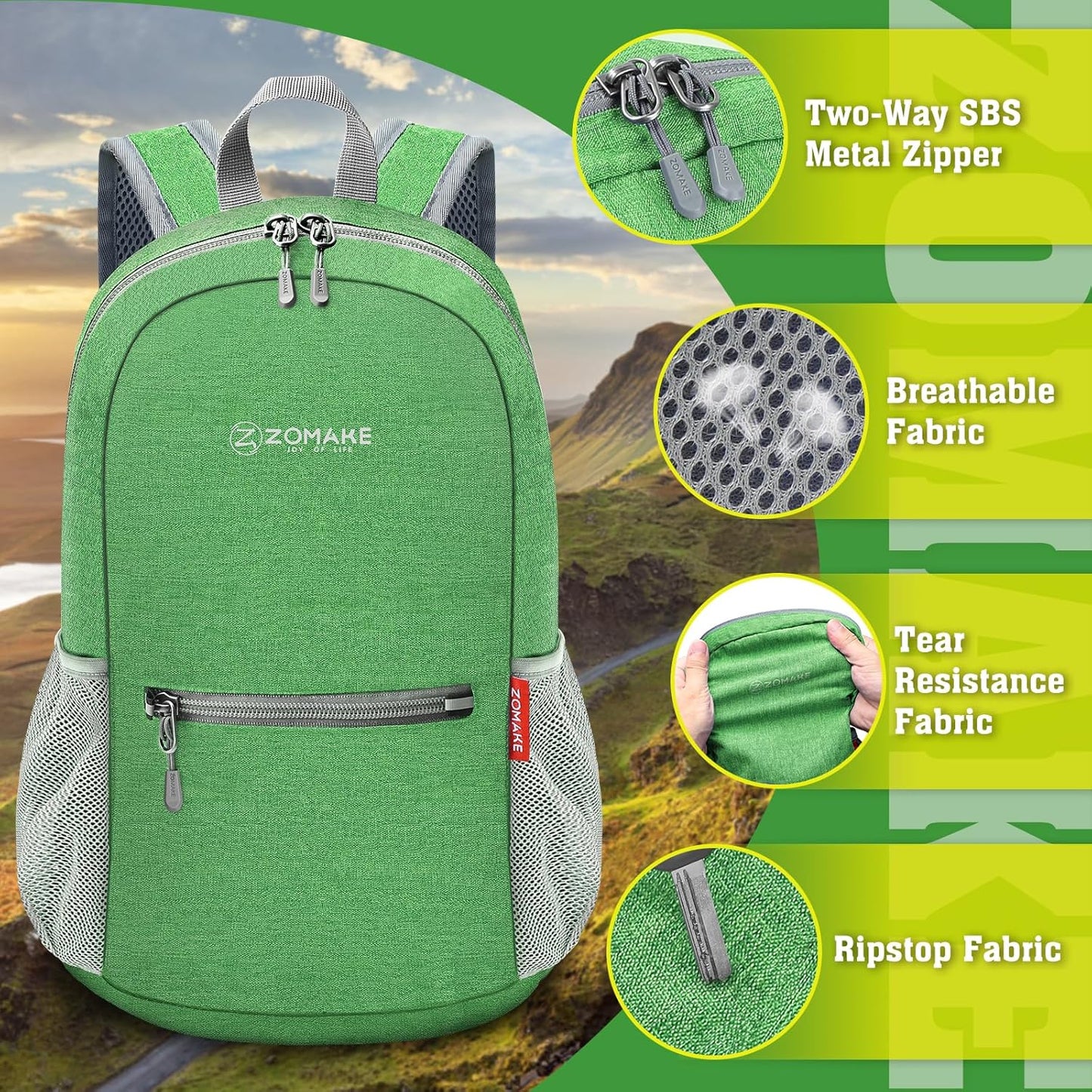 ZOMAKE 10L Lightweight Packable Hiking Backpack - Small Travel Hiking Daypack for Women Men - Tear Resistant Foldable Day Pack for Camping Outdoor Sports(Dark Green)
