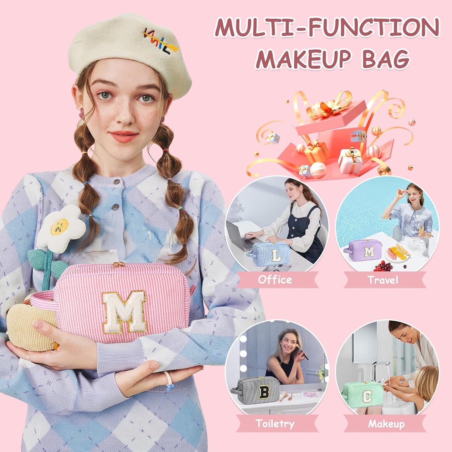 YOOLIFE Gifts for Teen Girls - Personalized Initial Makeup Bag, Birthday Gifts for Women Sister Friend Daughter Girls Kids
