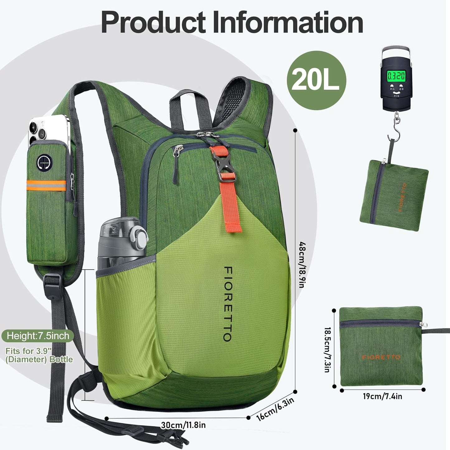 FIORETTO 20L Hiking Backpack for Women Men Mini Packable Backpack Lightweight Small Daypack for Camping Travel Outdoor, Green