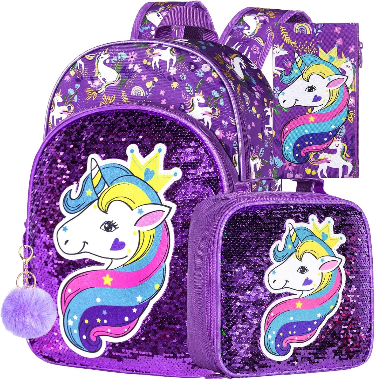 3PCS Girls Backpack, 16" Sequin Prechool Elementary Bookbag and Lunch Box