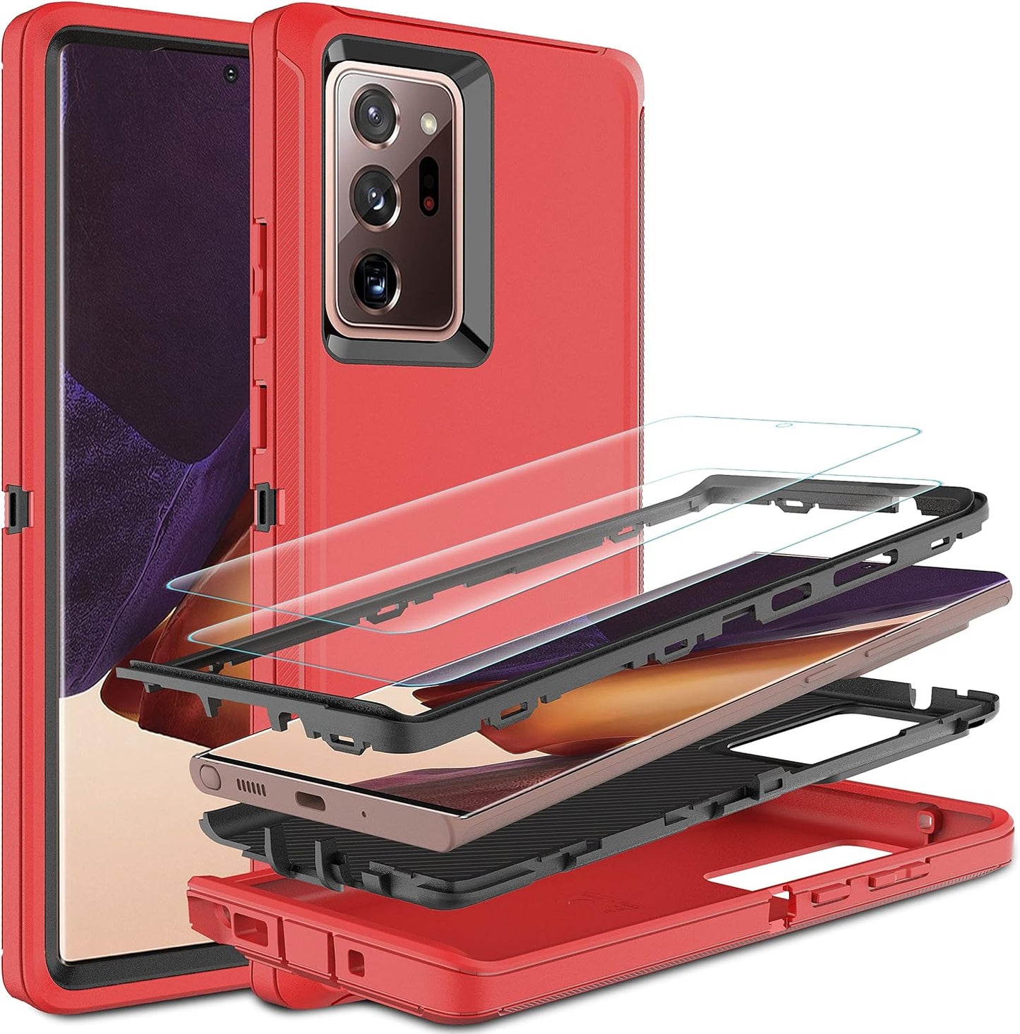 for Note 20 Ultra Case, Galaxy Note 20 Ultra Case with Self Healing Flexible TPU Screen Protector [2 Pack], 3 in 1 Heavy Duty Protection Case for Samsung Note 20 Ultra 5G(Red/Black)