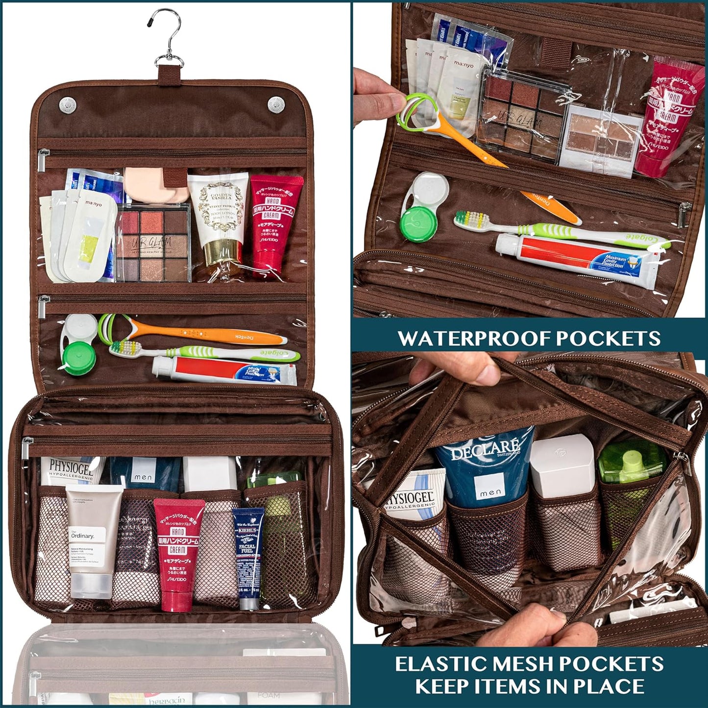 PAVILIA Hanging Toiletry Bag Women Men, Foldable Cosmetic Organizer Travel Bag, Water Resistant Makeup Bag Toiletries, Large Travel Essentials Kit (Dark Brown)