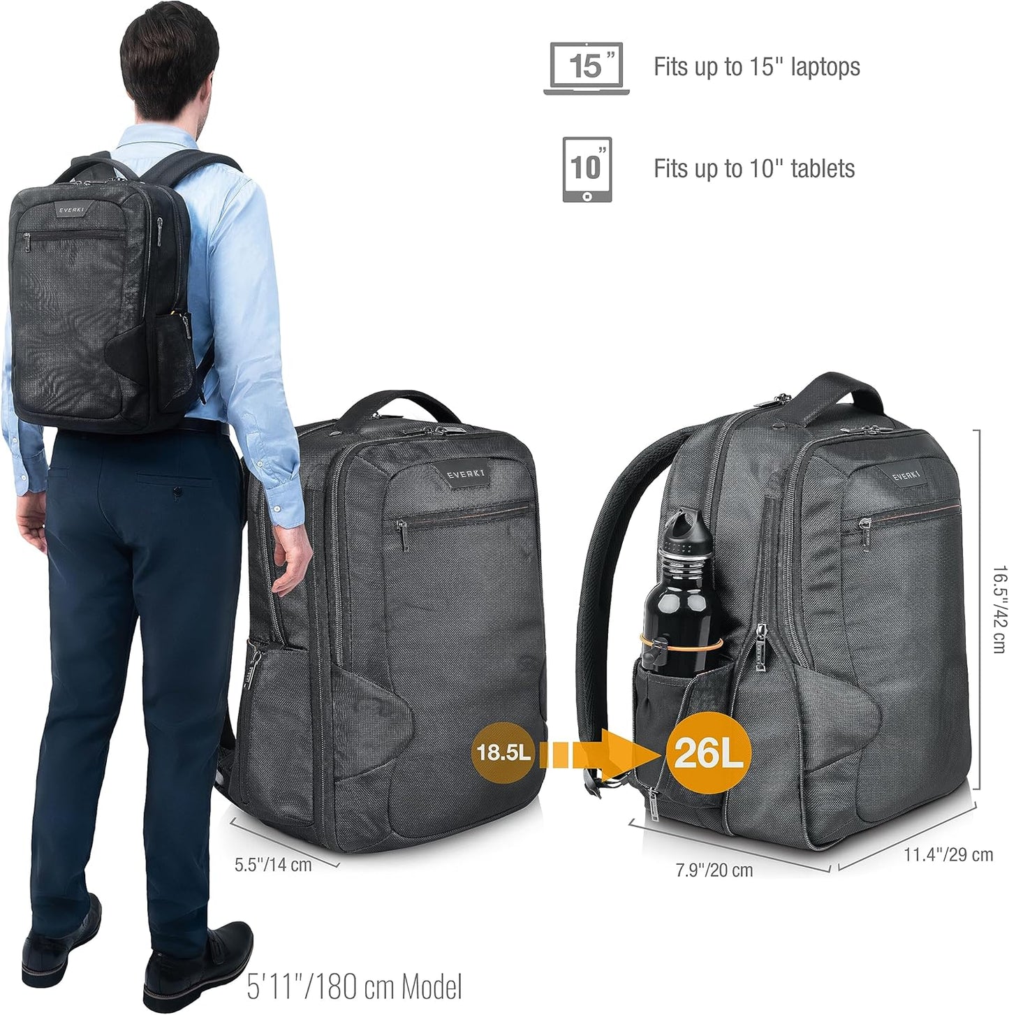 EVERKI Studio Expandable Laptop Backpack for Men & Women – Business and Travel Backpack, Carry-On Backpack for Office & Travel, Professional Backpack, 15-Inch MacBook & Laptop Bag, 26L Capacity, Black