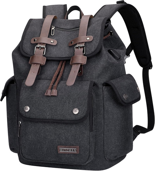 WITZMAN Canvas Backpack for Men Vintage Rucksack Fit 15.6 inch Laptop Backpack Travel High Capacity Casual Daypack (A8004 Black)