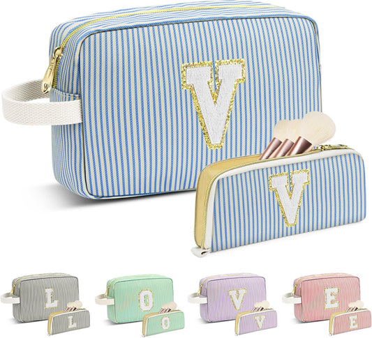 Travel Makeup Bag Christmas Gifts for Women Girl Teens, Personalized Initial Makeup Bag for Cute Teen Girls, Preppy Stuff Toiletry Bag Cosmetic Bag, Teen Girls Gift Trendy Stuff, Letter V