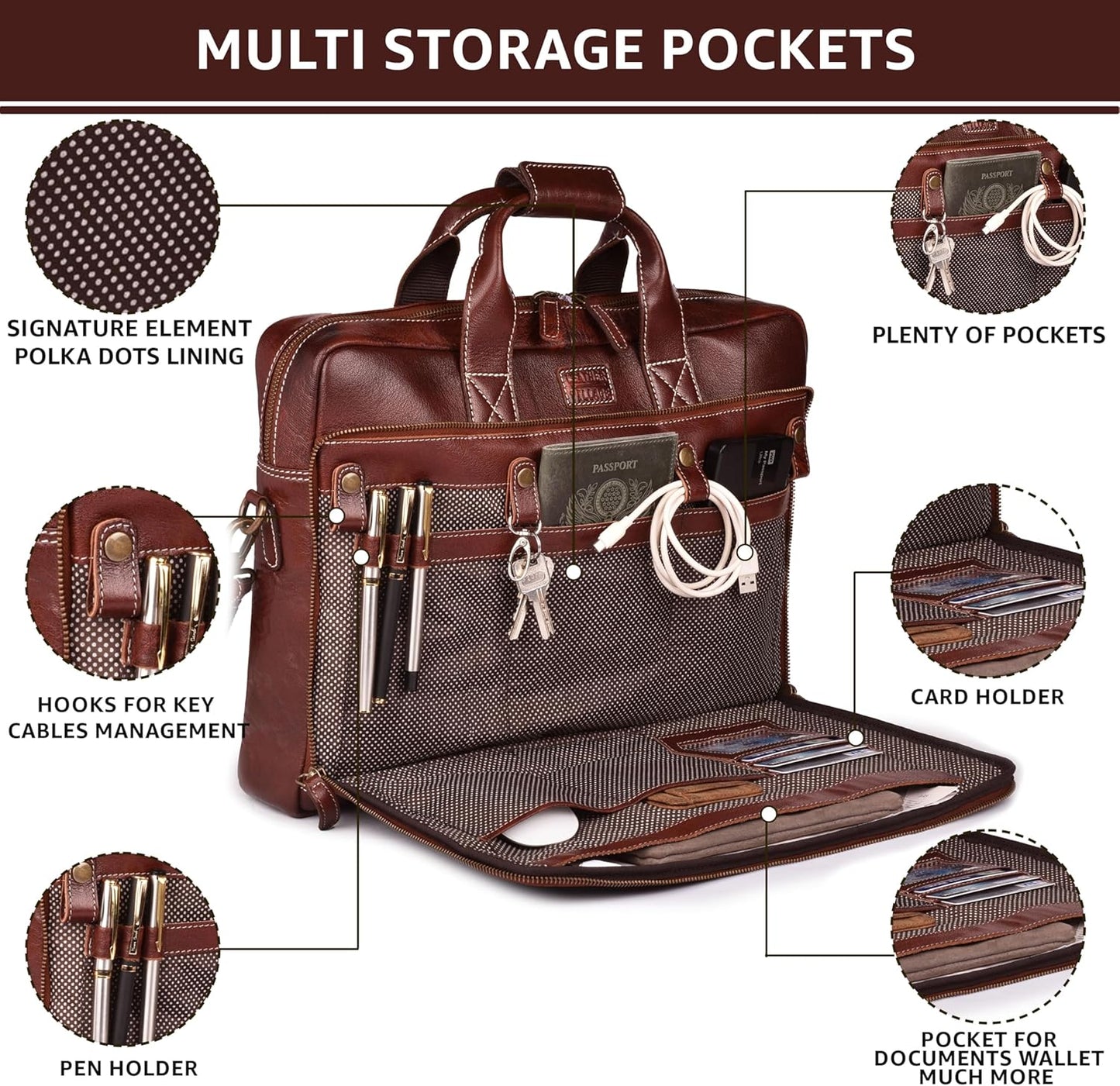 LEATHER VILLAGE 18" Leather Laptop Messenger Briefcase Bag for Men-Leather Satchel for Travel and Office Shoulder Bag-Red Brown