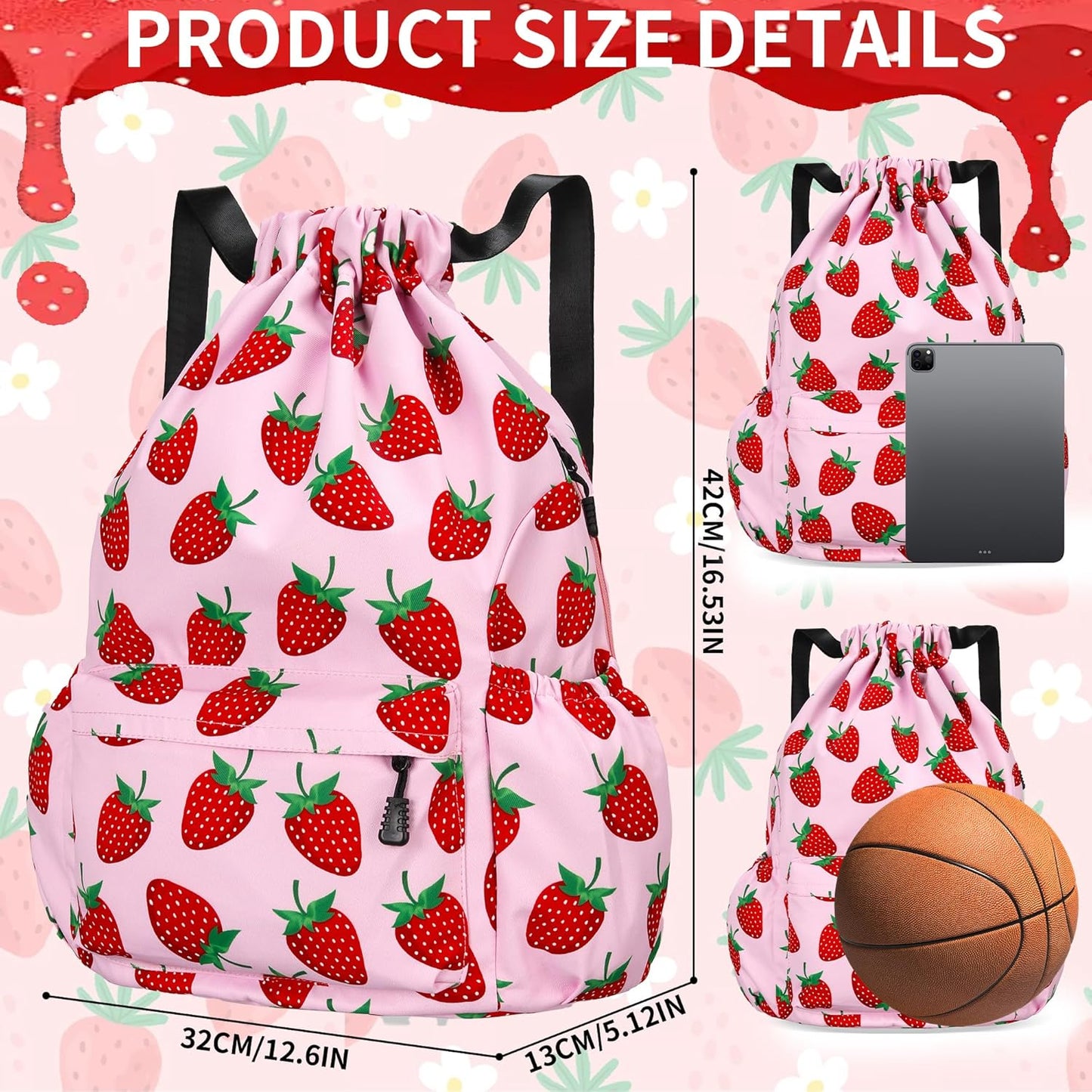 Drawstring Backpack for Women Drawstring Gym Bag Water Resistant Small Cinch Sack Pull String Backpack Bag (Strawberry)