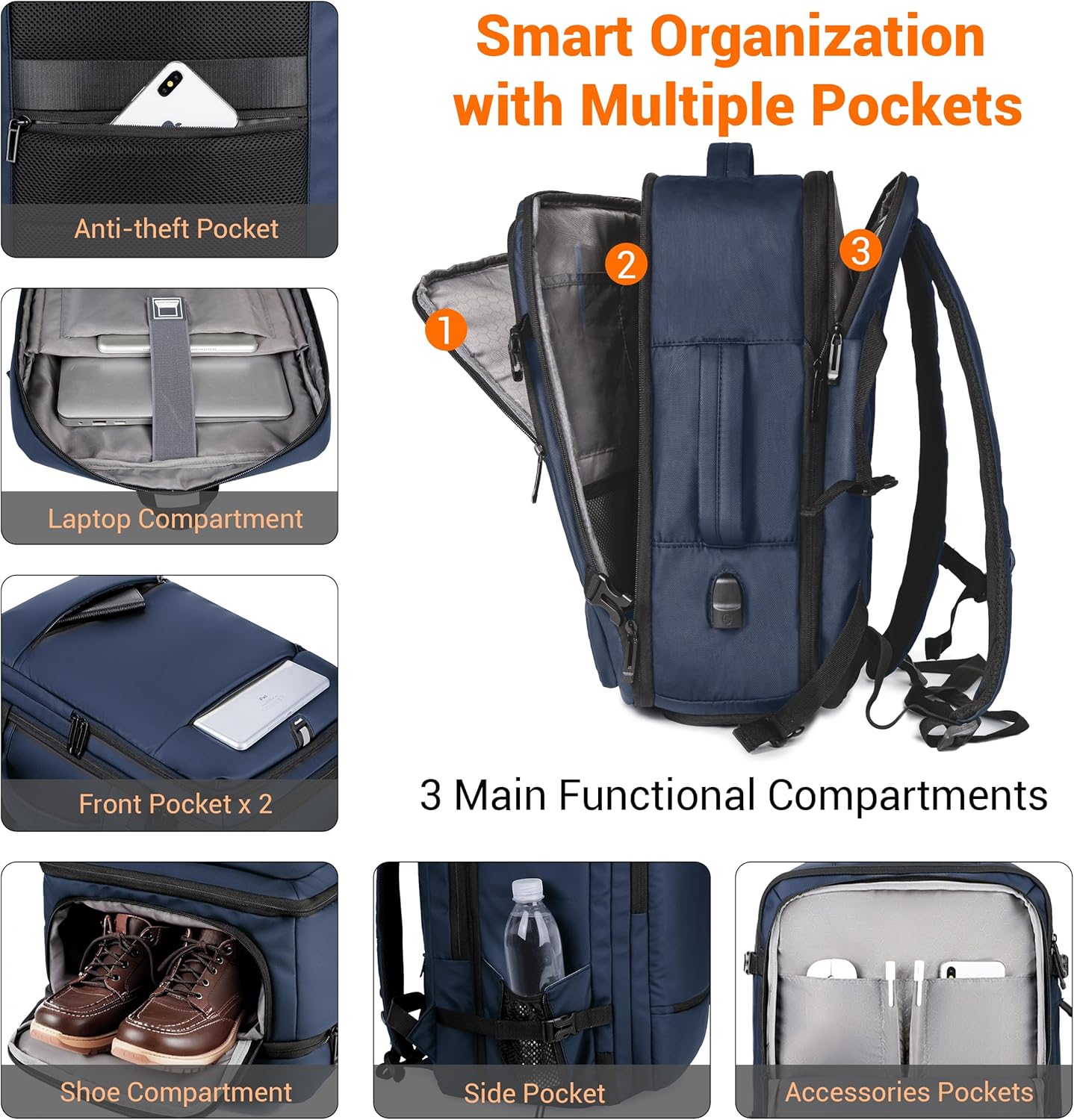 Vacuum Seal Backpack for Travel with Pump, 60L Expandable Backpack with Detachable Vacuum Compression Bag Waterproof Carry On Large Travel Bag for Airline Laptop Backpack with Shoe Compartment Navy