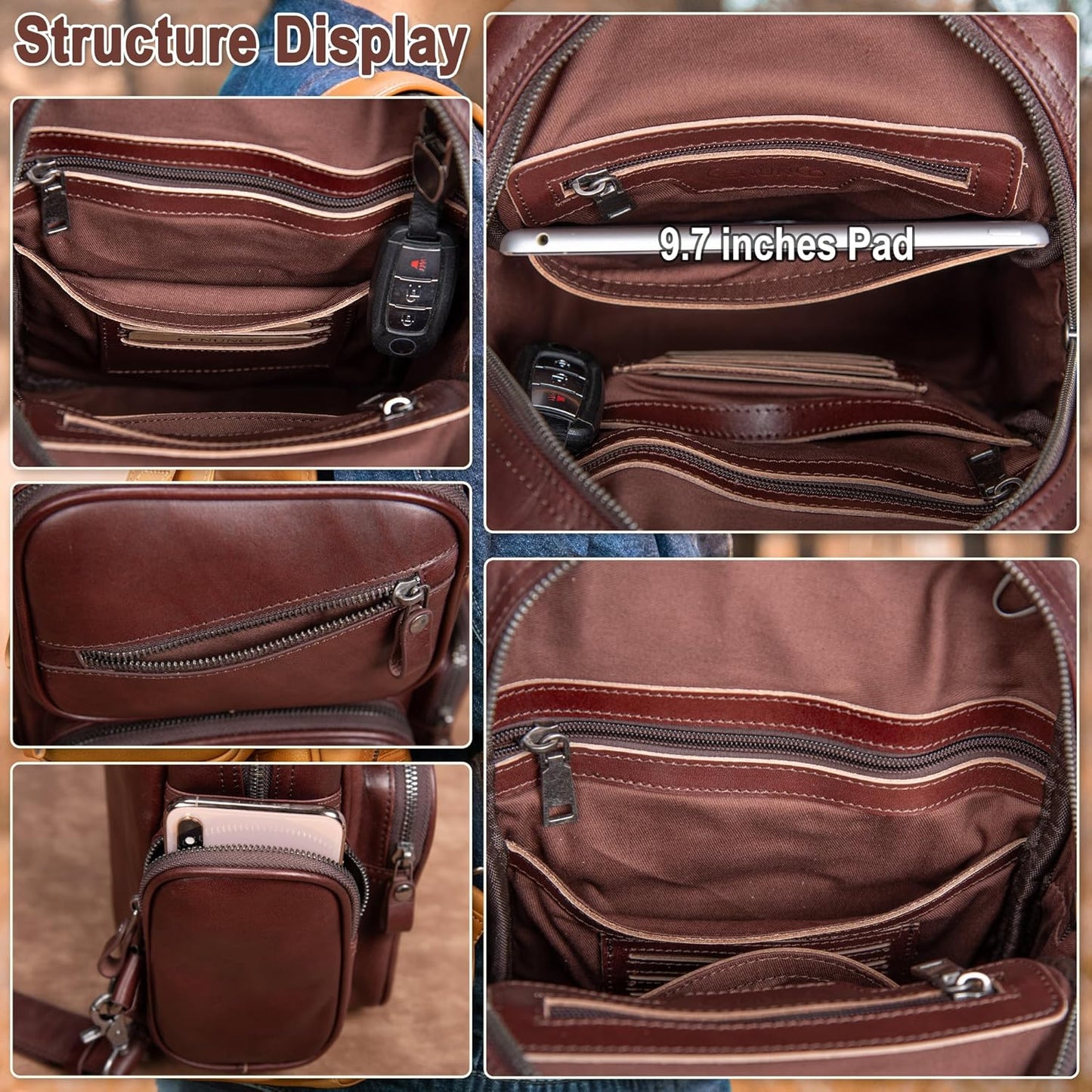 Genuine Leather Sling Bag for Men Large Crossbody Shoulder Bag Casual Sling Backpack Anti-Theft Travel Chest Purse