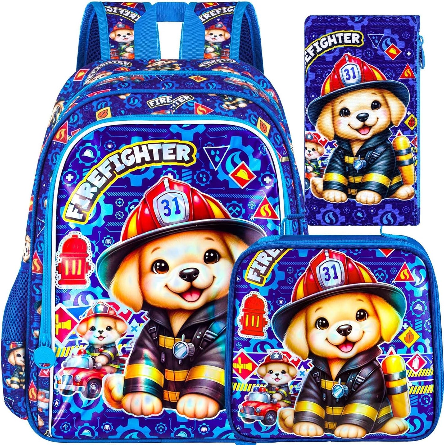 3PCS Boys Backpack, Water Resistant Kids Bookbag Set with Lunch Box, Cute School Bag for Preschool Toddler