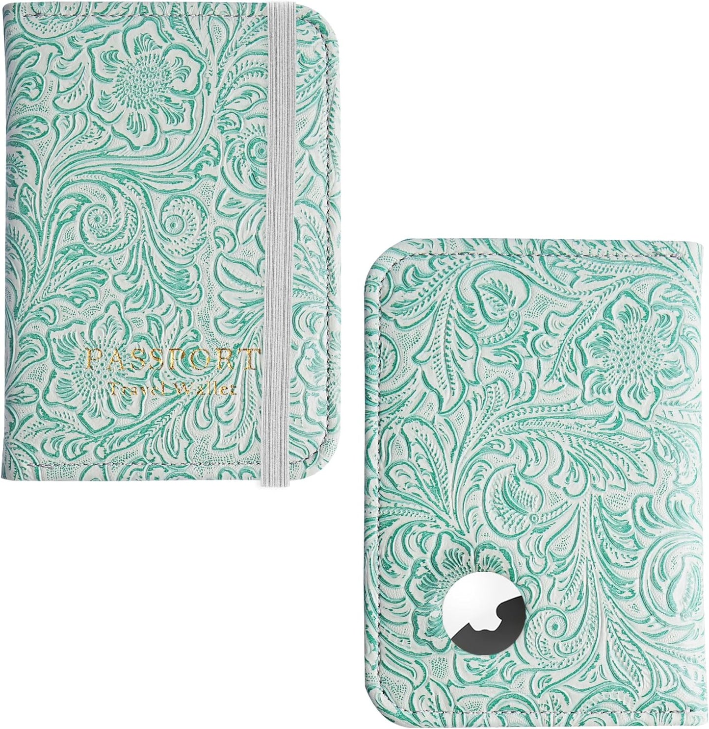 lizimandu Passport Holder with Airtag Slot, Airtag Passport Wallet for Men Women, Slim Leather Passport Holder Case Family for Travel Anti-Lost(1-Carved Green2)