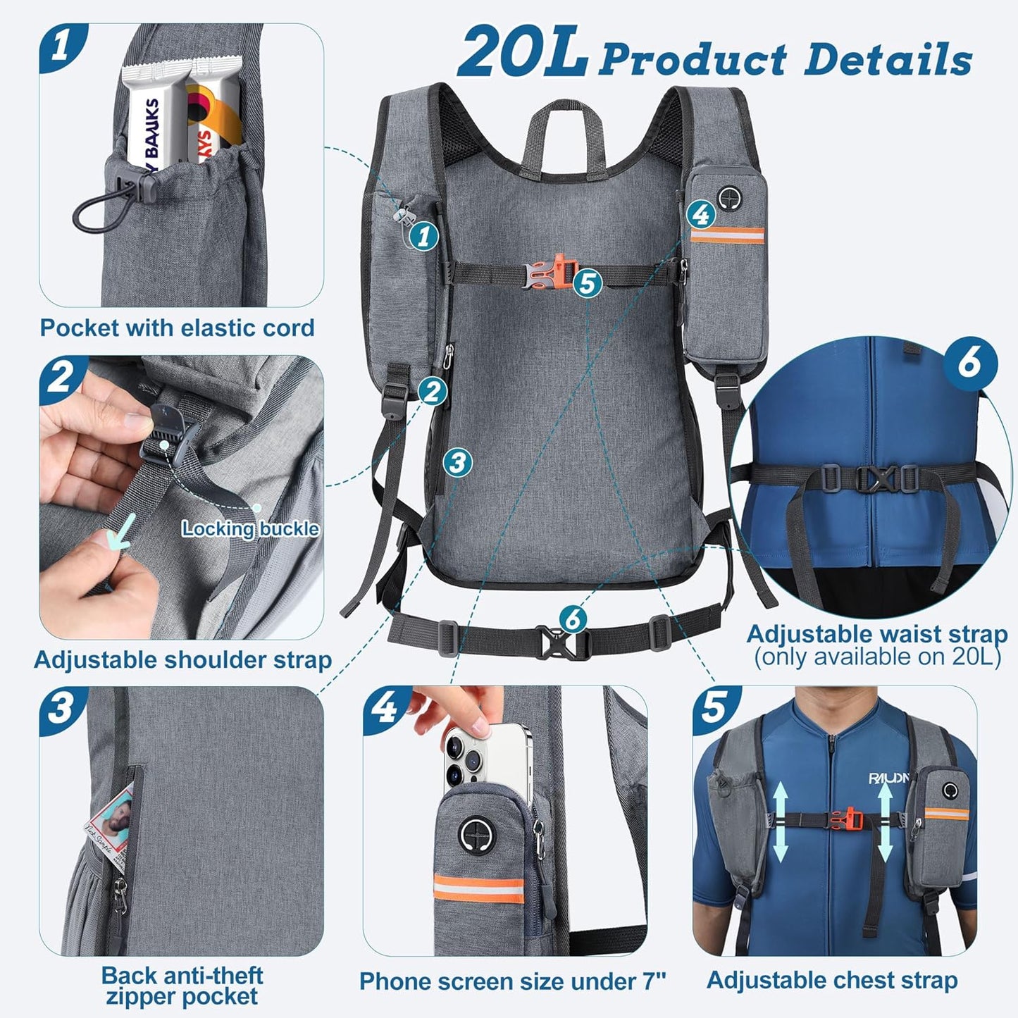 20L Small Hiking Backpack for Men Women Foldable Packable Back Pack Ultralight Hiking Daypack for Travel Camping Outdoor, Gray
