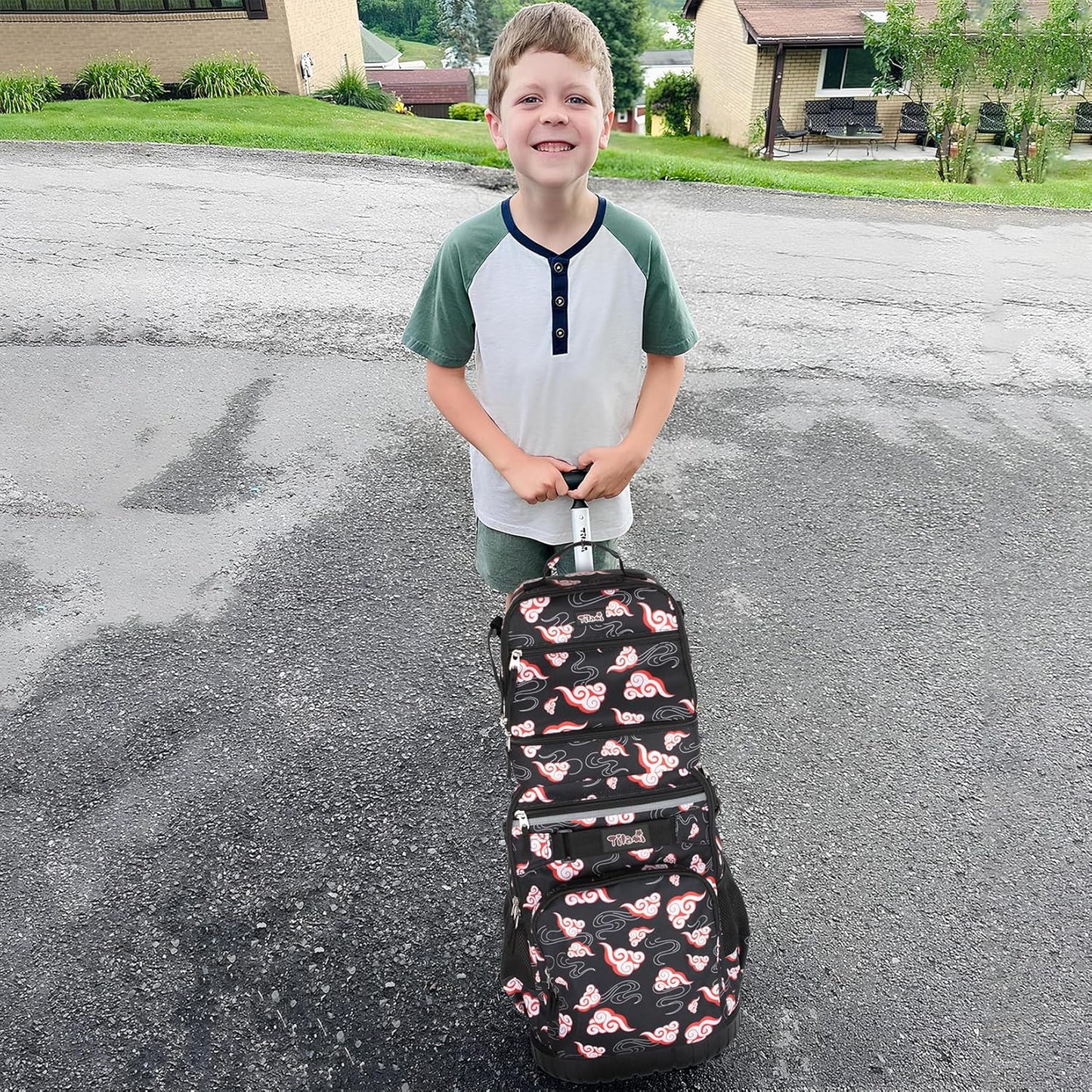 Tilami Rolling Backpack & Lunch bag for Kids 19 Inch Wheeled Bookbag for Boys & Girls for School & Travel,Clouds Black