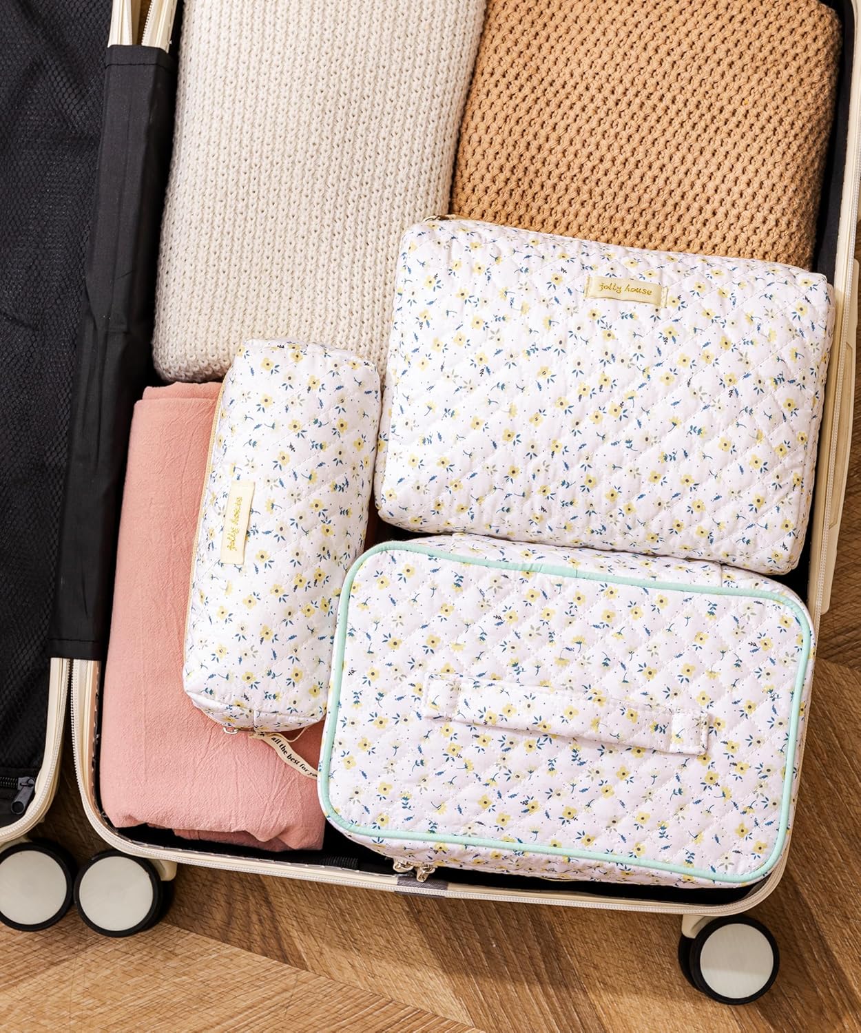 HBselect Quilted Makeup Bag, 3PCS Cotton Large Travel Makeup Bag, Cute Floral Coquette Make up Bag