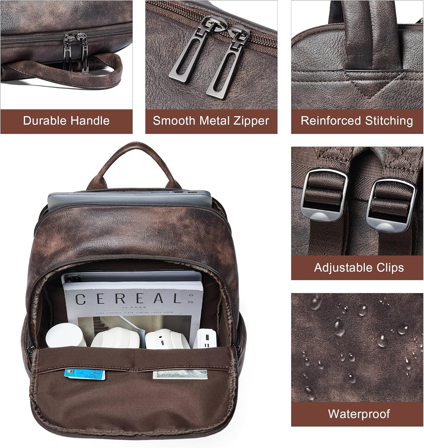 Computer Backpack for Women Soft Leather Back pack with 15.6 inch Laptop Compartment, Fashion Ladies Travel Backpack, Coffee