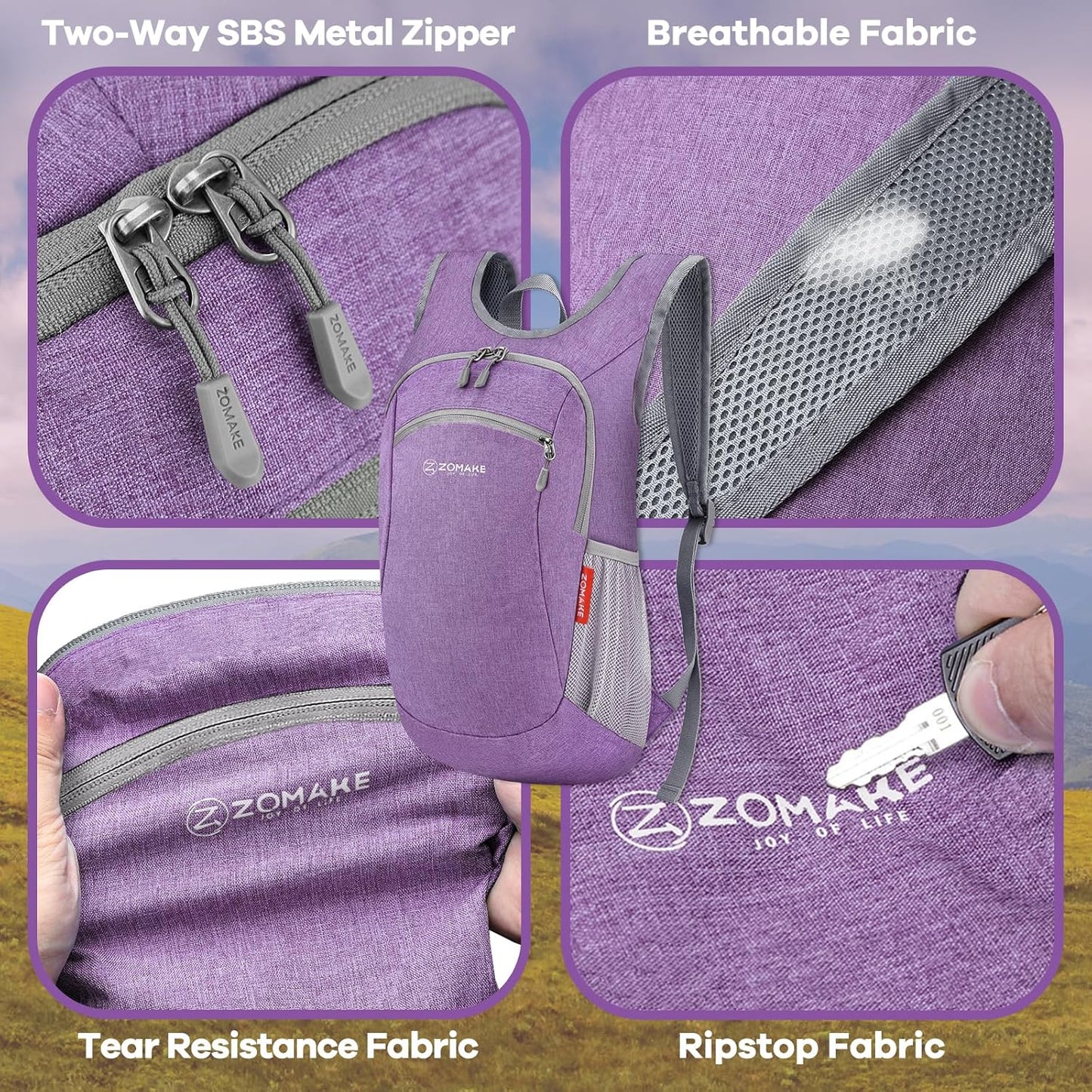 ZOMAKE Ultra Lightweight Packable Backpack 10L,Small Foldable Backpacks Hiking Water Resistant Collapsible Daypack for Women Men(Light Purple-A1)