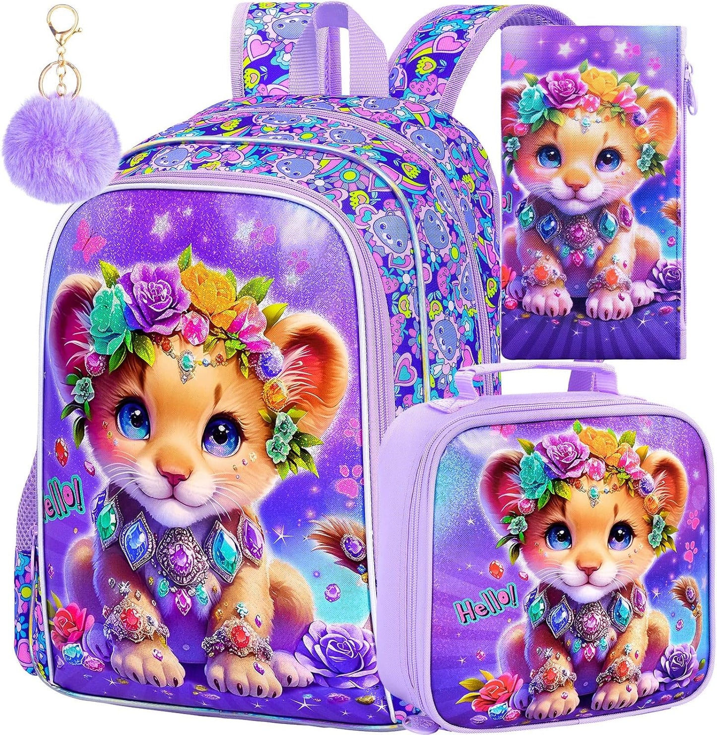 3Pcs Backpack for Girls, 16" Kids Bookbag with Lunch Box，Lion School Backpacks for Elementary Preschool Kindergarten (Purple)