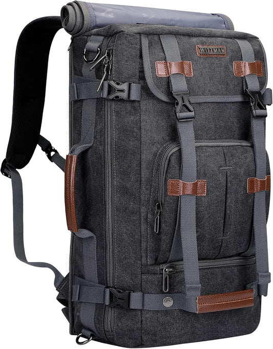 WITZMAN Canvas Backpack Vintage Travel Backpack Large Laptop Bags Convertible Shoulder Rucksack(A519-1 Black)