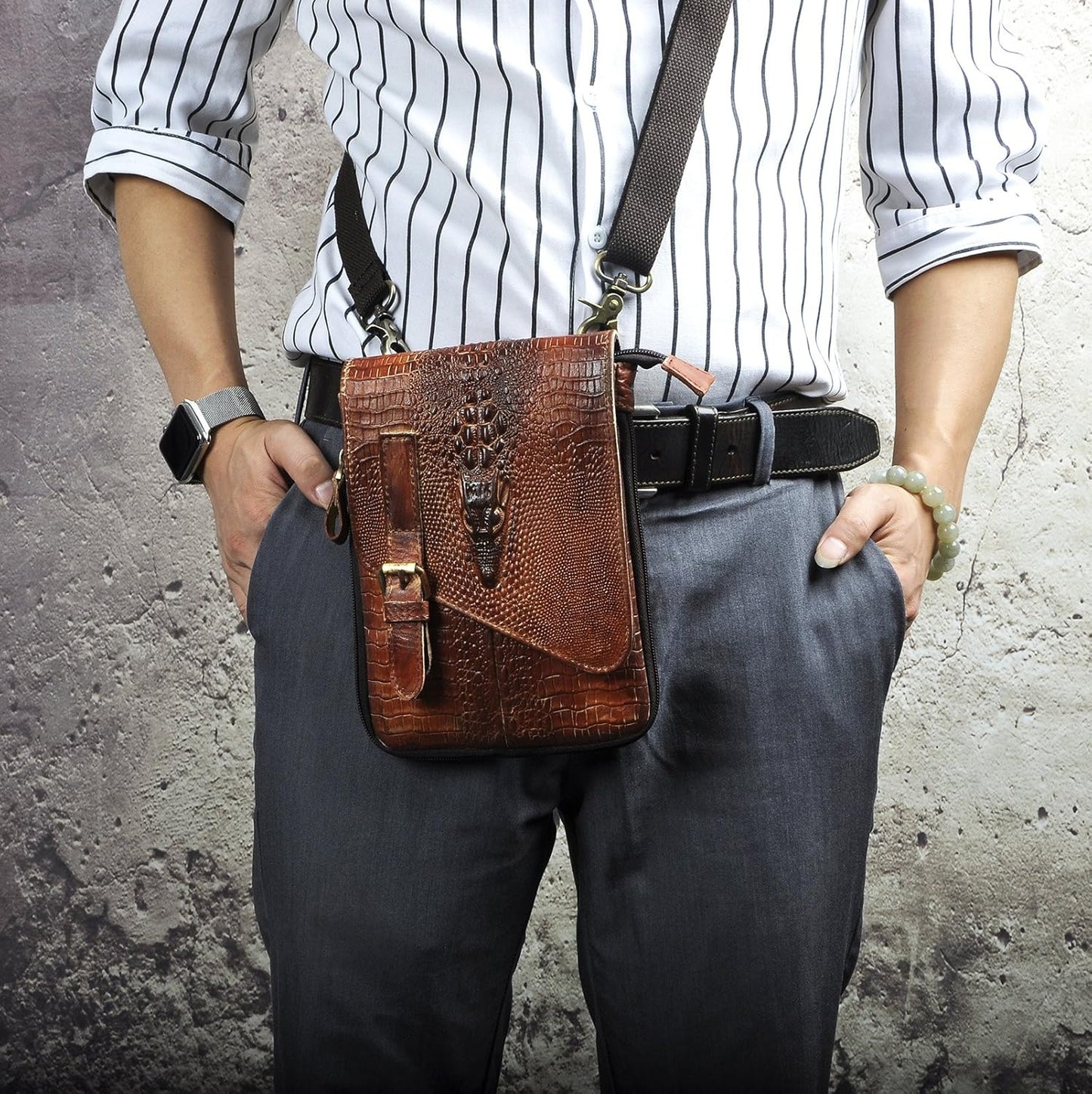 Genuine Leather Small Messenger Bag for Men, Shoulder Satchel with Phone Pouch & Waist Fanny Pack Strap