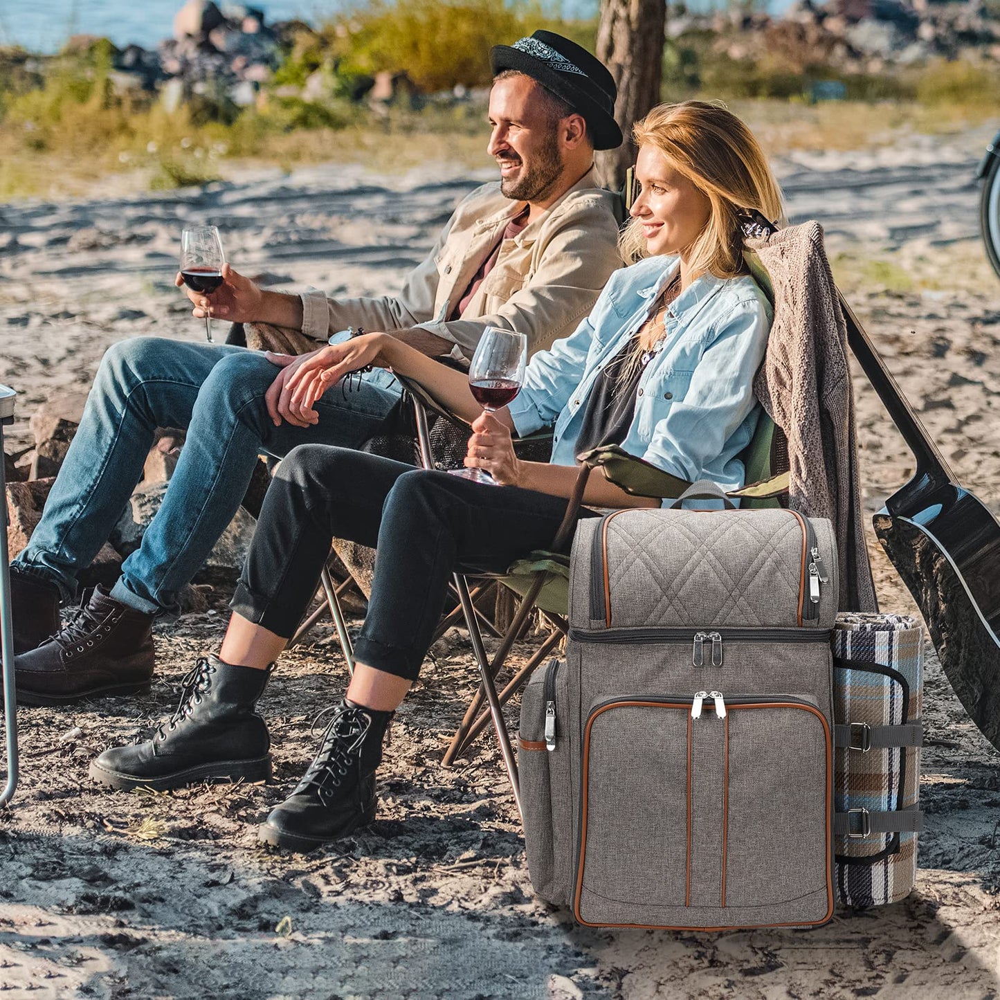 Picnic Backpack for 4, Insulated Cooler Bag with Blanket, BrushedKhaki