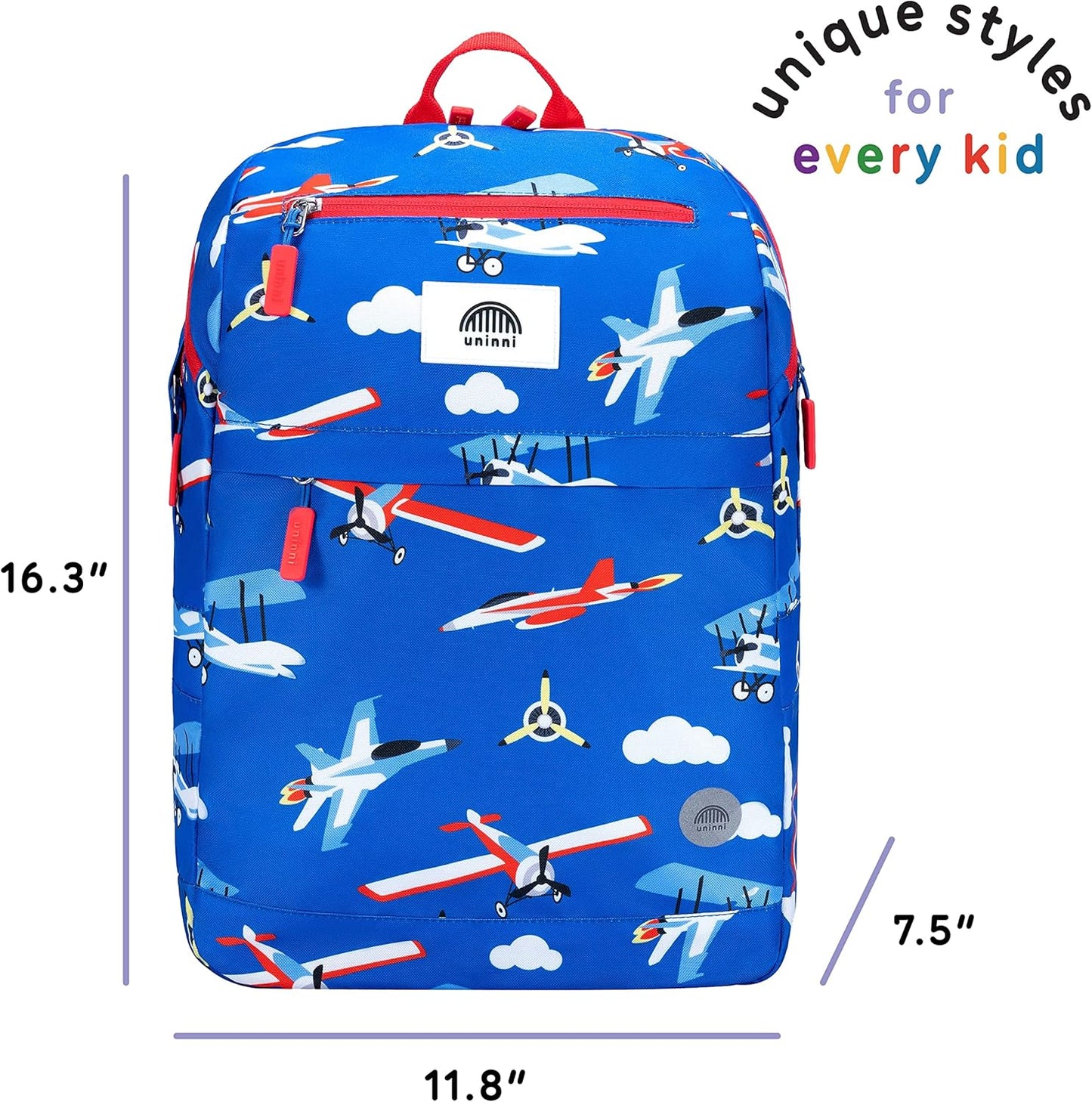 uninni 16" Kid's Backpack for Girls and Boys Age 6+ with Padded, and Adjustable Shoulder Straps. Fits for Height 3'9" Above Kids (Airplane)