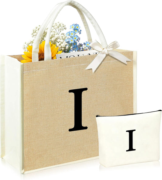 Initial Canvas Tote Bag & Makeup Bag for Women Teacher Bridesmaids，Personalized Present for Wedding, Birthday, Beach