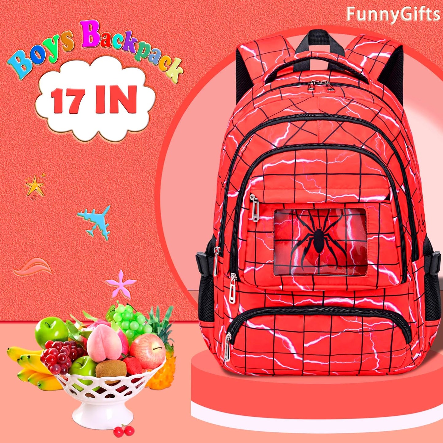 FunnyGifts Kids Backpacks Boys School Bookbag for Elementary Kindergarten Preschool Mochila Para Niños 4 5 6 7 8 9 10 11 12