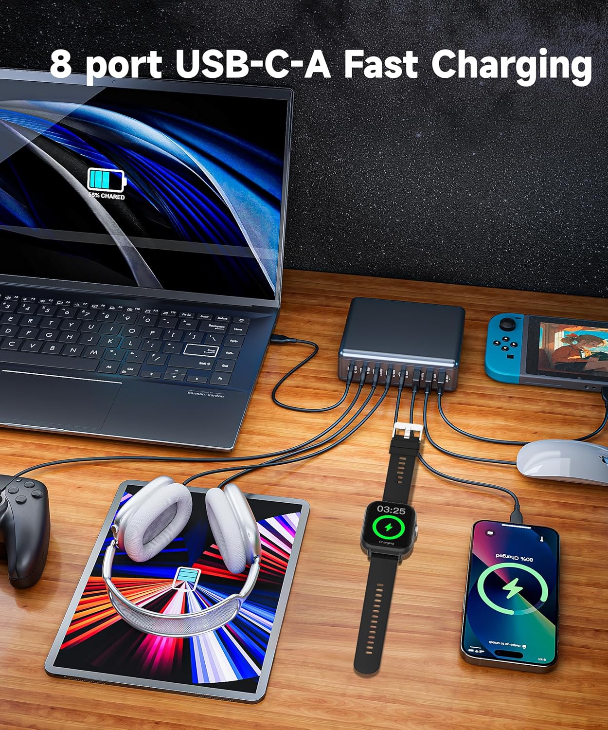 400W USB C Charger Block 8 Port Fast Charging Station with iWatch Fast Wireless Charger Upgraded 9 in 1 GaN III PD 100W Laptop Charger Adapter Compatible with MacBook Pro/Air, iPhone16/15, Galaxy