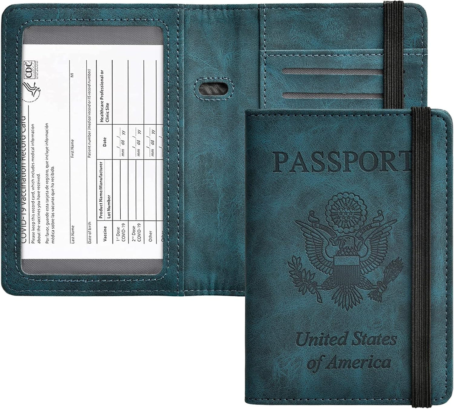 HerriaT Passport and Vaccine Card Holder Combo,Cover Case with CDC Vaccination Card Slot, Leather Travel Documents Organizer Protector, with RFID Blocking, for Women and Men