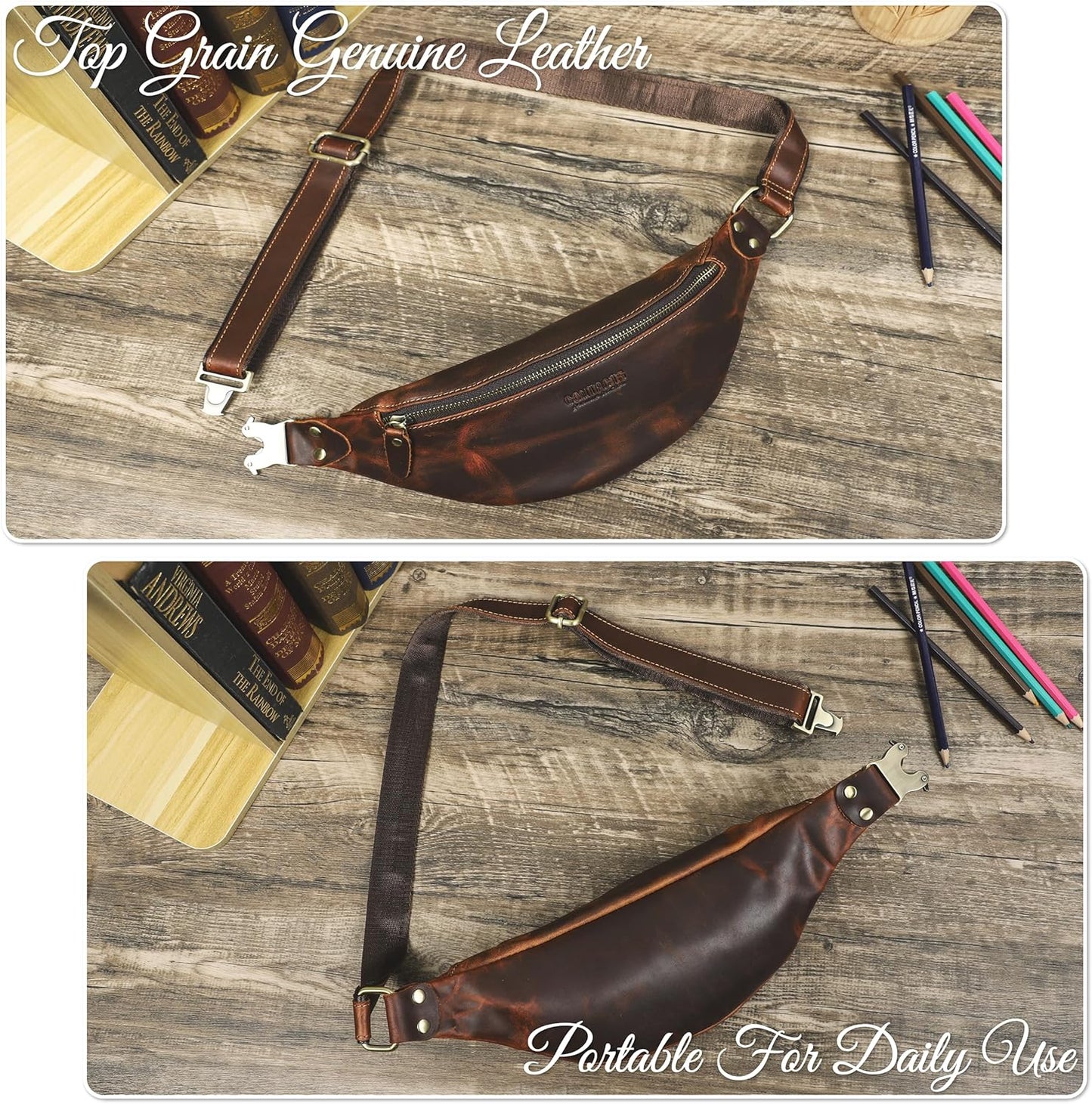 Top Grain Genuine Leather Slim Waist Pack for Man & Woman, Minimalist Vintage Design, Handmade with Detachable Hardware, Slim Fanny Pack Small Crossbody Belt Bag for Traveling or Riding, Red Coffee
