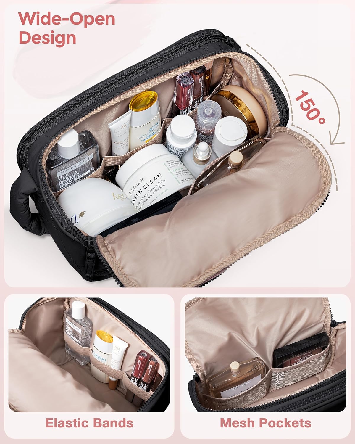 Travel Toiletry Bag for Women, Water Resistant Makeup Organizer with Wide-Open Design for Toiletries and Cosmetics, Black (Bag Only)