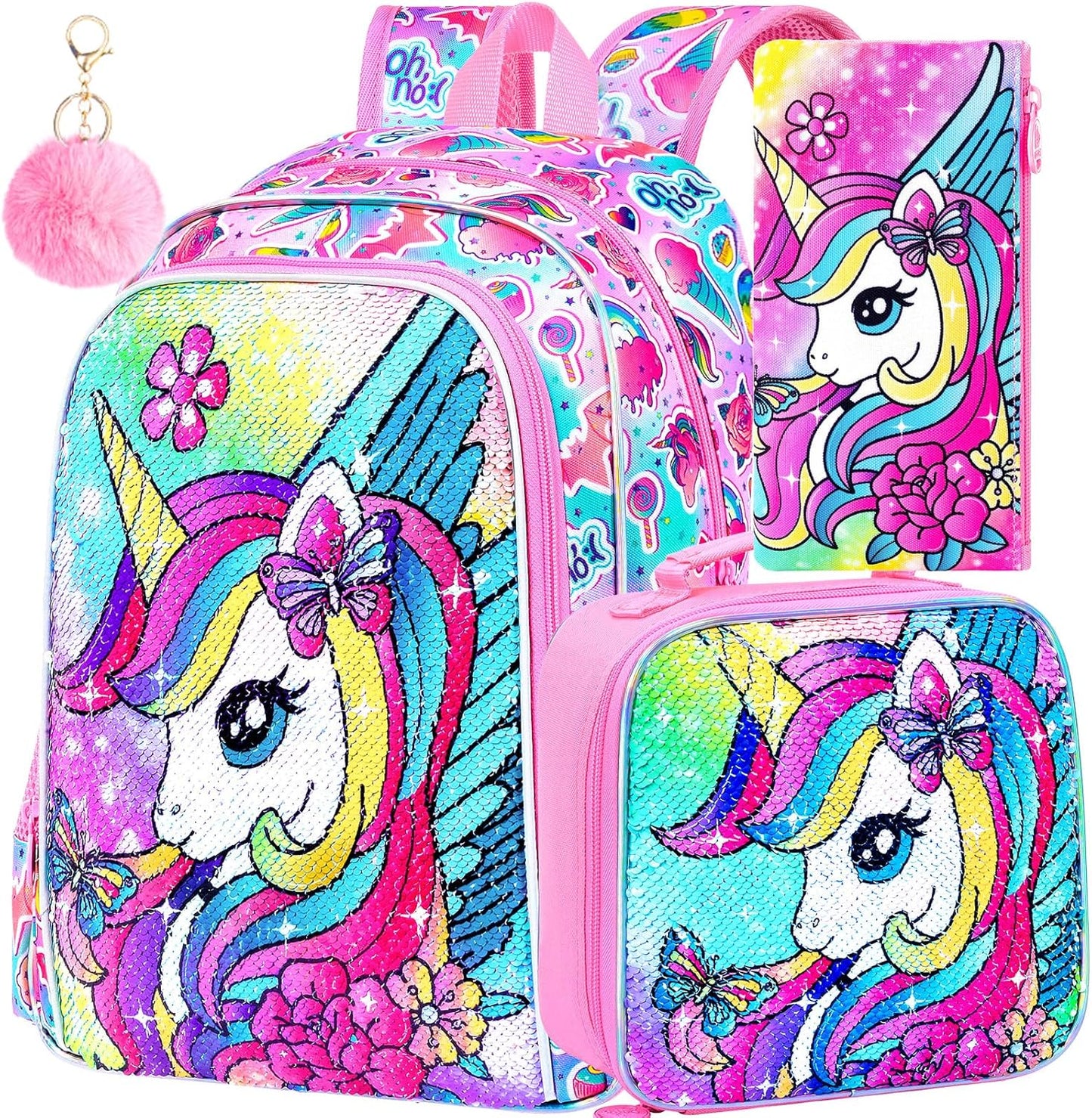 3Pcs Unicorn Backpack for Girls, Sequin Bookbag for Elementary Preschool Students, 16" Kids Backpacks with Lunch Box(Pink)