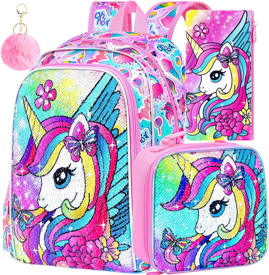 3Pcs Unicorn Backpack for Girls, Sequin Bookbag for Elementary Preschool Students, 16" Kids Backpacks with Lunch Box(Pink)