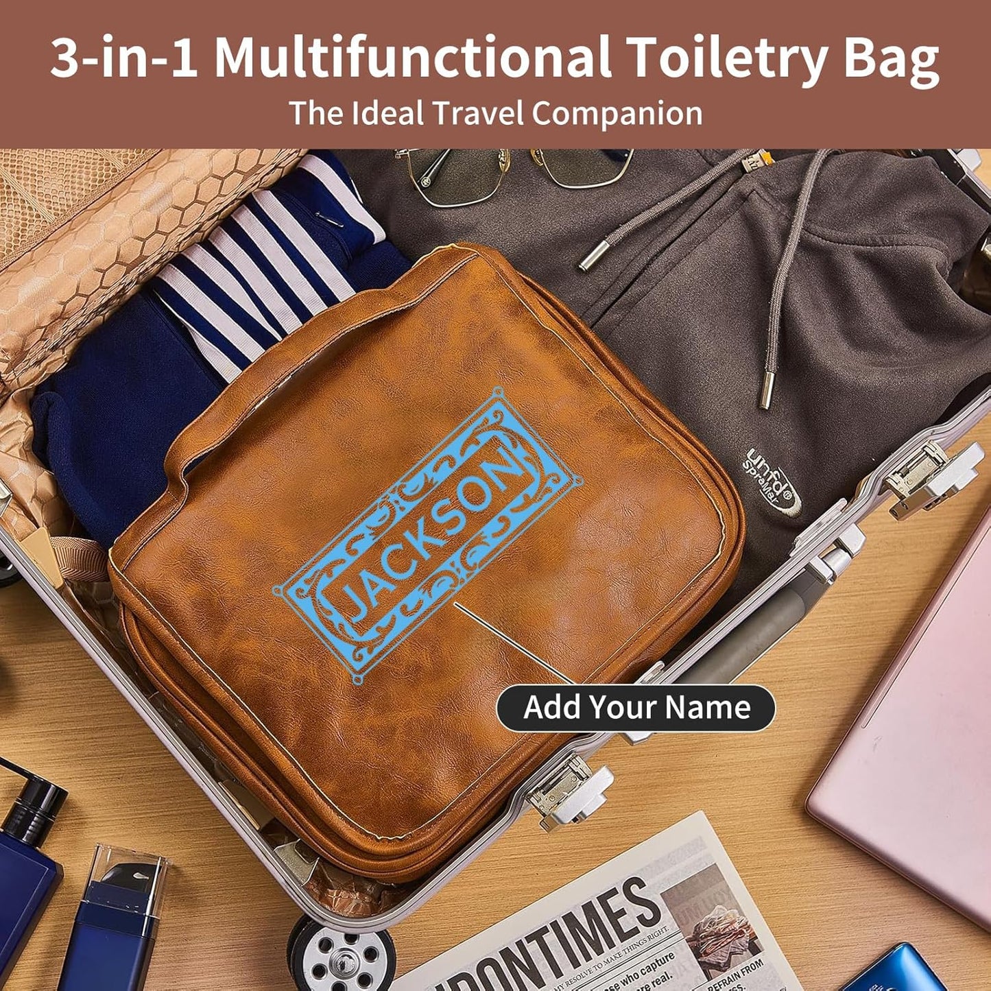 Personalized Toiletry Bag For Men, Large Capacity Travel Doop Kit, Vintage Color PU Leather, Custom