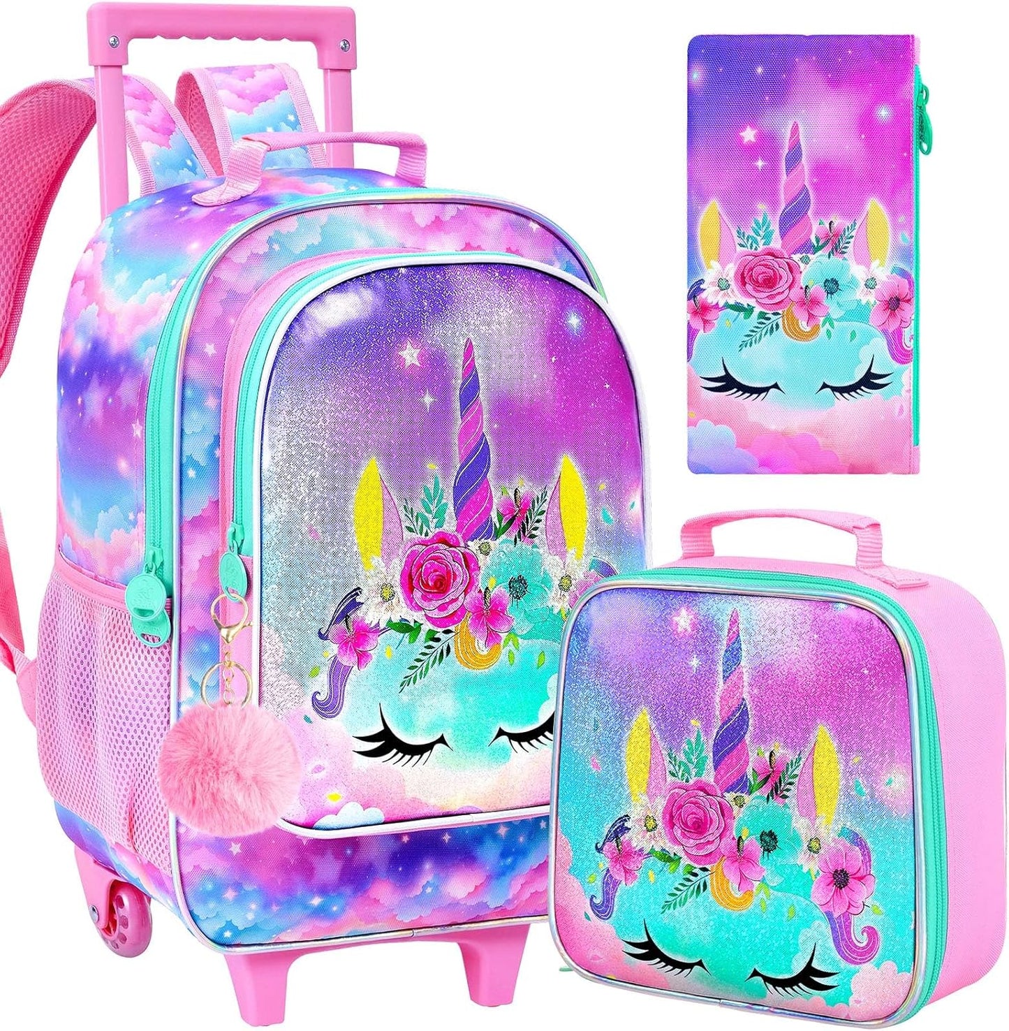 3PCS Rolling Backpack for Girls and Boys, Kids Roller Wheels Bookbag, Wheeled Elementary School Bag with Lunch Bag