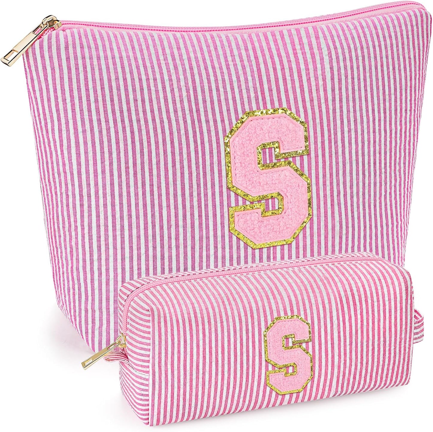 mibasies 2 PCS Initial Makeup Bags for Women: - Birthday Gifts for Teen Girls 11 12 13 14 15 16 Years Old - Preppy Trendy Stuff - Cosmetic Bag for Travel Toiletry - Pink S
