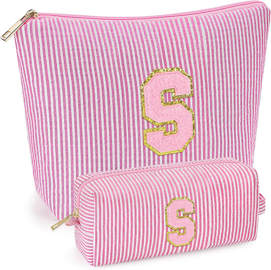 mibasies 2 PCS Initial Makeup Bags for Women: - Birthday Gifts for Teen Girls 11 12 13 14 15 16 Years Old - Preppy Trendy Stuff - Cosmetic Bag for Travel Toiletry - Pink S