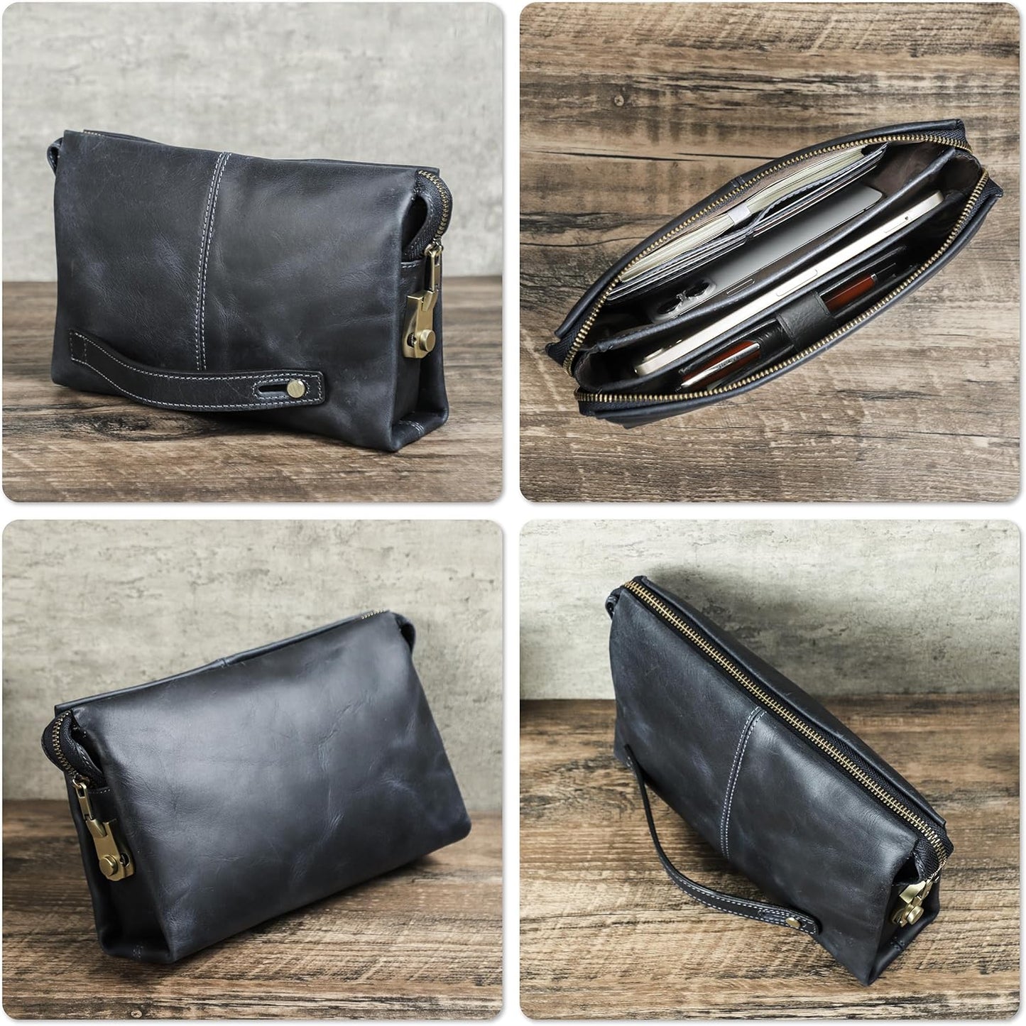 Top Grain Genuine Leather Clutch Wallet Handbag for Man & Woman, Handmade Retro Design, Combination Lock & Retractable Strap & Multi Pockets/Slots, Portable RFID for Cards/Checks/Phone/Banknote, Blue