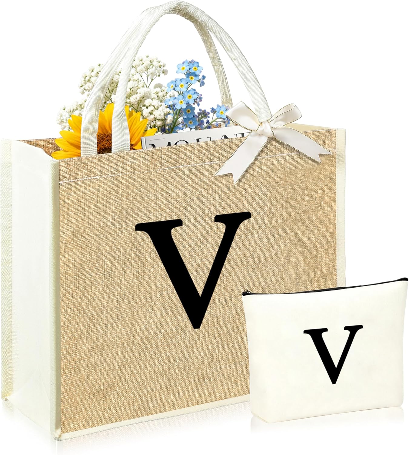 Initial Canvas Tote Bag & Makeup Bag for Women Teacher Bridesmaids，Personalized Present for Wedding, Birthday, Beach