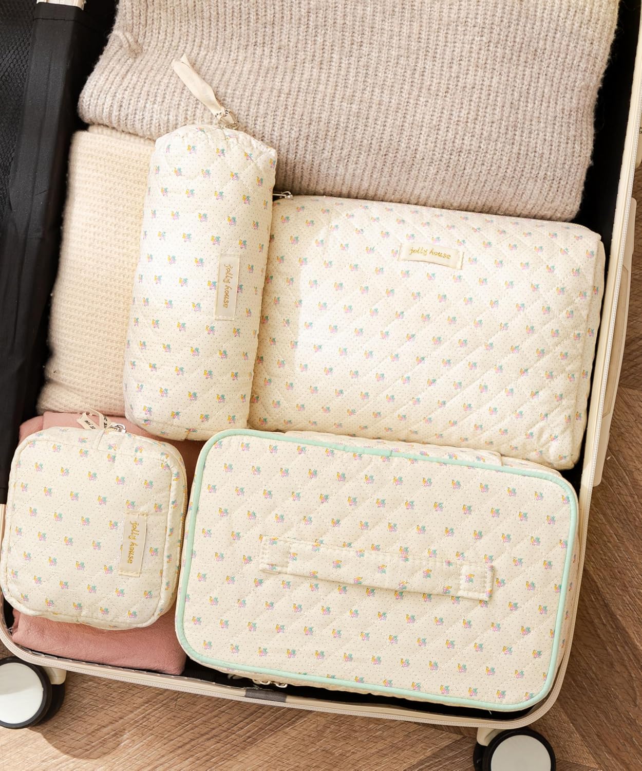 HBselect 4Pcs Cotton Quilted Coquette Makeup Bag - Large Travel Cosmetic Bag - Aesthetic Cute Kawaii Floral Makeup Bag - Toiletry Bags - Coin Purse for Women Girls
