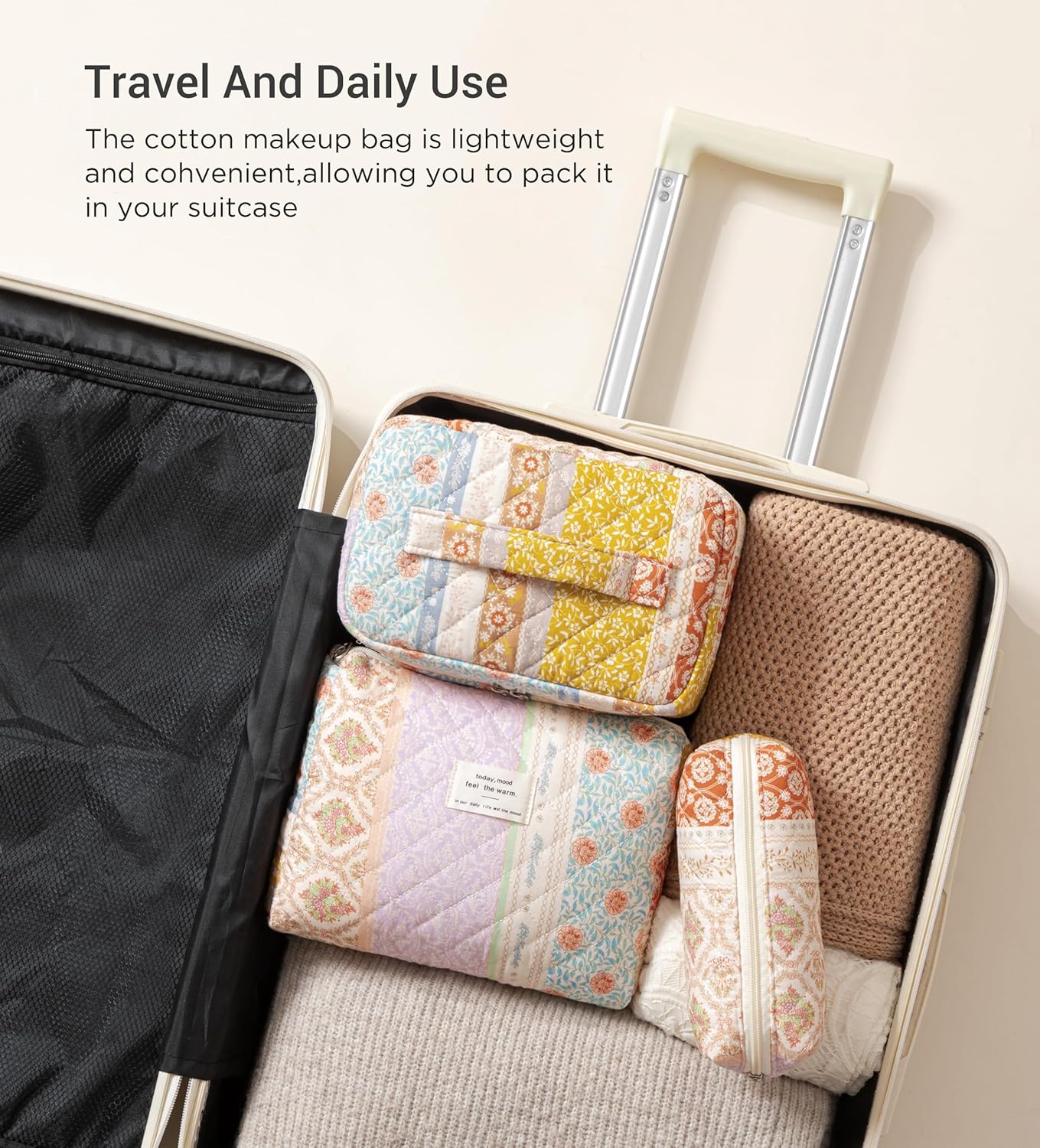 HBselect Quilted Makeup Bag, 3PCS Cotton Large Travel Makeup Bag, Cute Floral Coquette Make up Bag