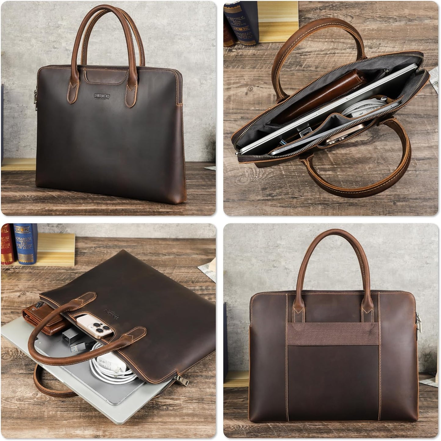 Top Grain Leather 14.2" Slim Laptop Briefcase Handbag, Vintage Handmade with 6 Pockets & Luggage Strap, Compatible with MacBook Pro/Air 13.3"/14.2" & other Laptop/Tablet, Coffee 14.2 Inch