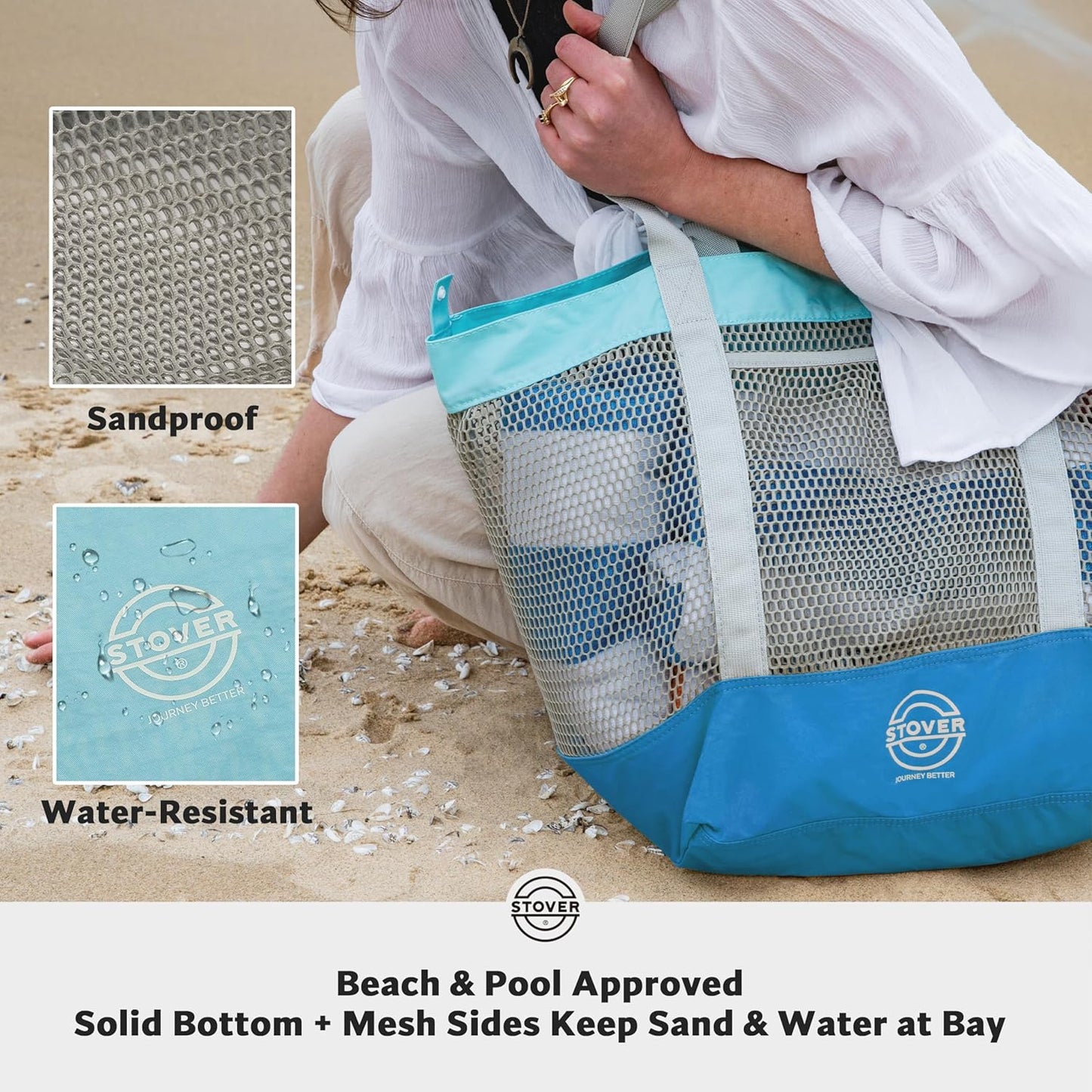 STOVER Large Mesh Beach Bag, Vacation, Pool, Shopping, & Travel Tote - Foldable w/Storage Pockets for Women, Men & Families