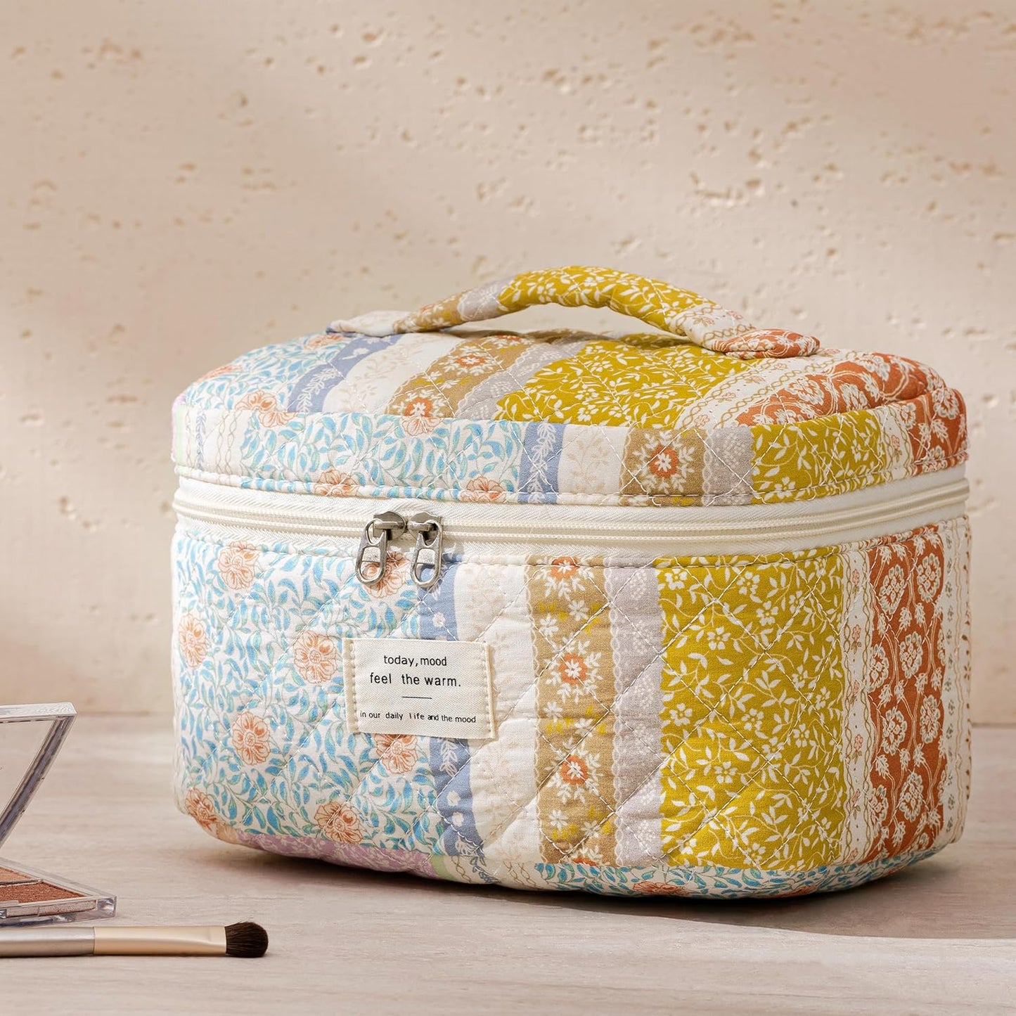 HBselect Quilted Makeup Bag, 3PCS Cotton Large Travel Makeup Bag, Cute Floral Coquette Make up Bag