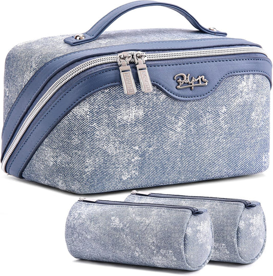 BOYATU Travel Makeup Bag Cosmetic Bags for Women: 3 Sets Large Capacity Make up Bag - Portable Toiletry Bags with Handle for Women(F-1-Blue)