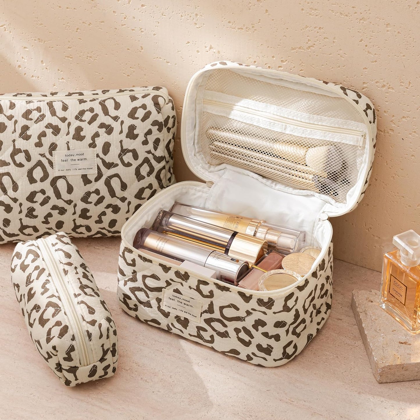 HBselect Quilted Makeup Bag, 3PCS Cotton Large Travel Makeup Bag, Cute Floral Coquette Make up Bag Cosmetic Bag Toiletry Bag for Women Girls