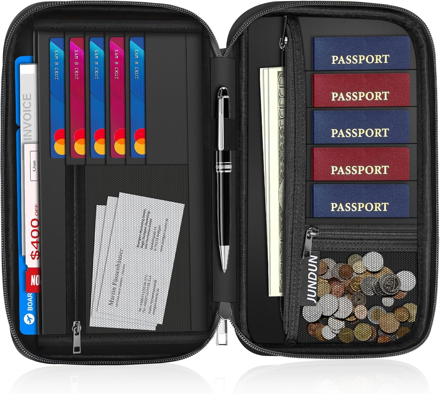 JUNDUN Family Passport Holder,Upgraded Material Fireproof Travel Passport Wallet with 2 Pockets,Travel Document Organizer Case for Passport,Card and Money