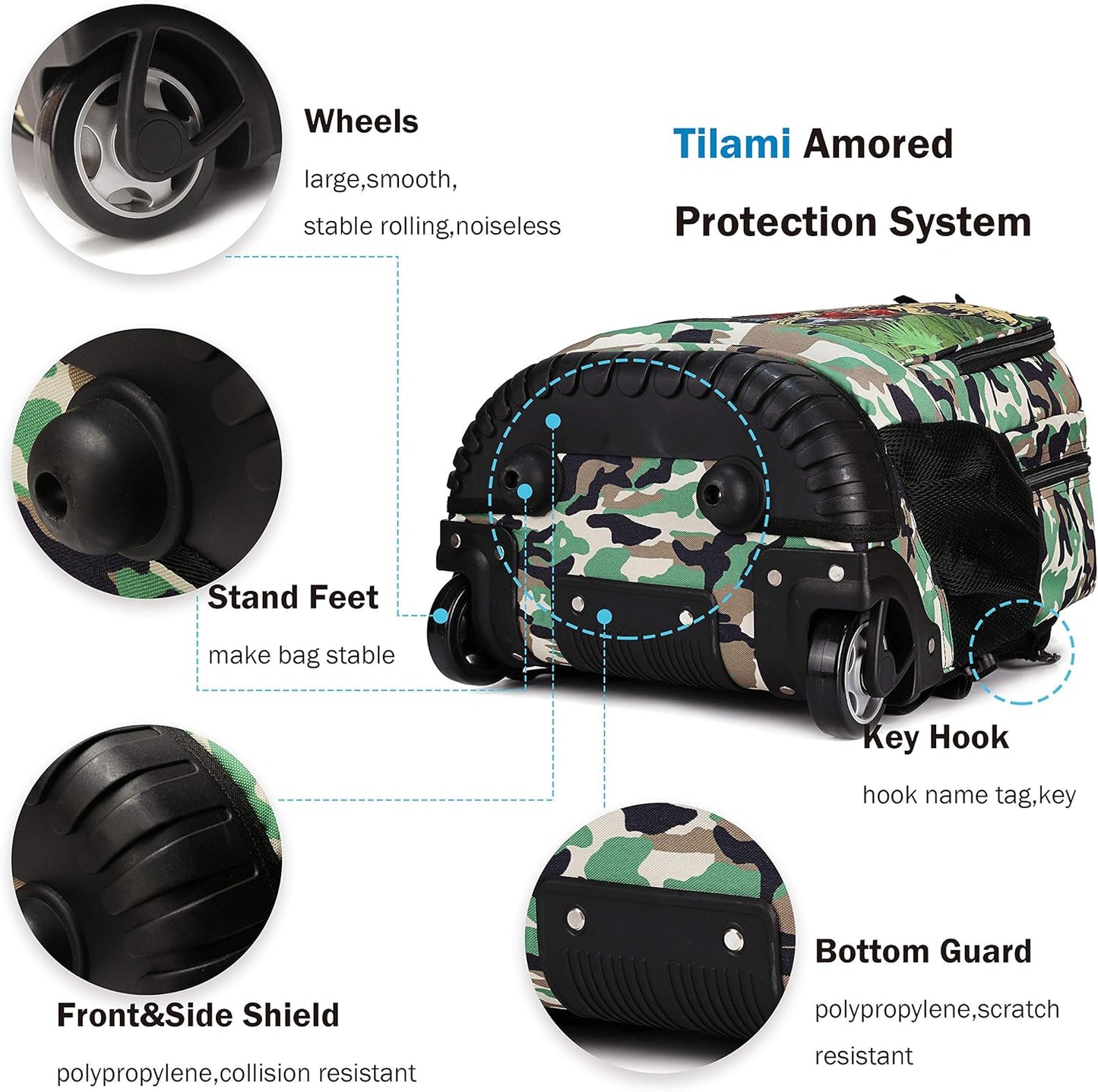 Tilami Rolling Backpack 19 inch with Lunch Bag Wheeled Laptop Backpack, Dinosaur Camouflage