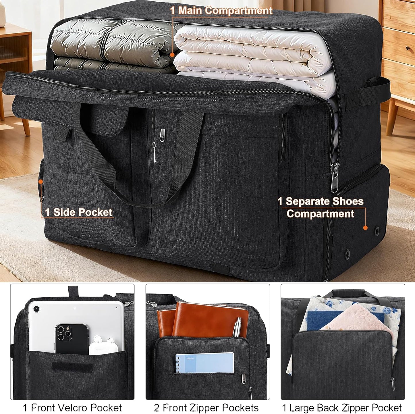 Large Travel Duffle Bag for Men Women, 80L 100L 120L Foldable Waterproof Duffle Bag, Packable Bag with Shoes Compartment for Overnight Gym Weekender Bag (Black, 100L)
