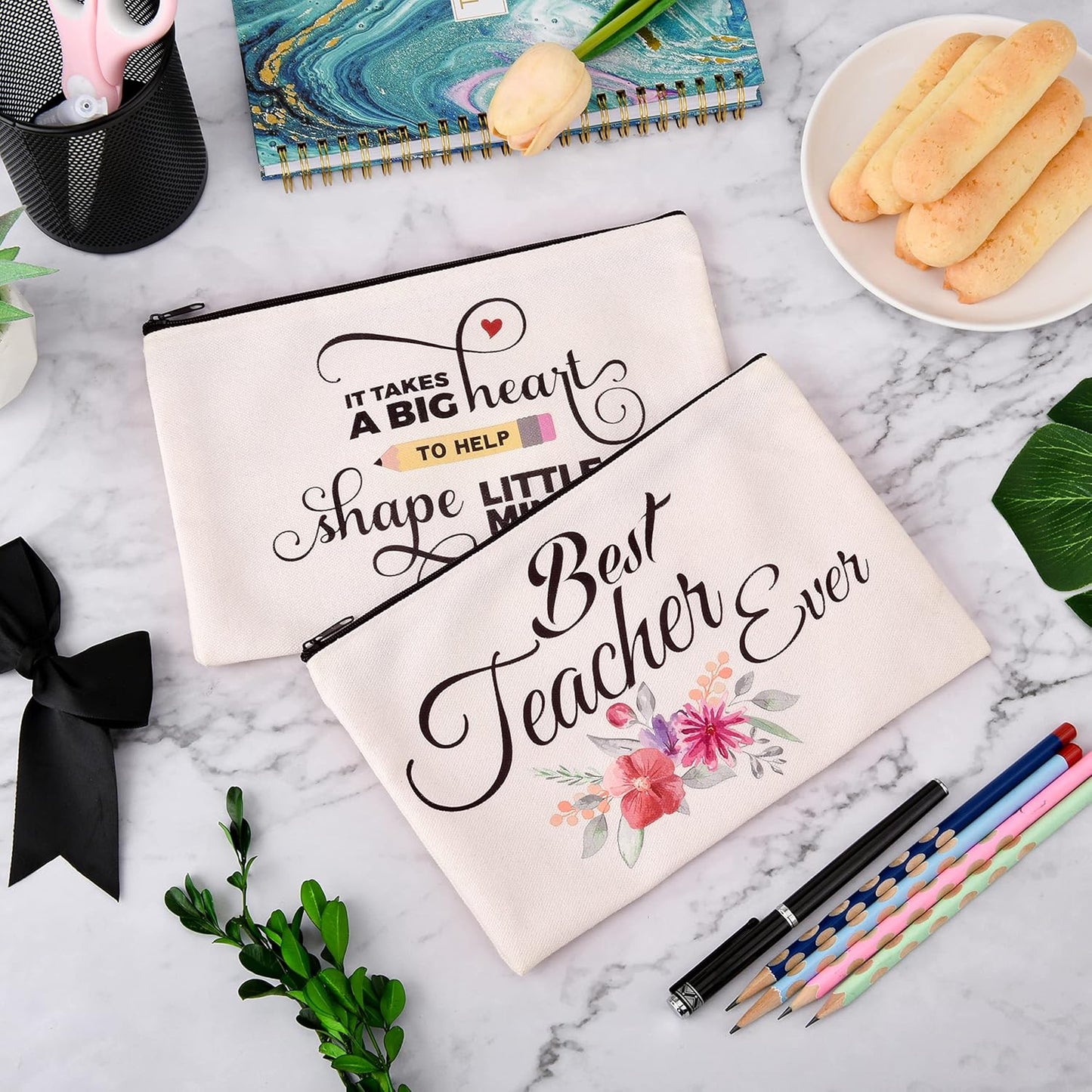 Hlonon 8 PCS Teacher Gifts Makeup Bags Cosmetic Travel Carrying Case Toiletry Pouch with Zipper in 2 Unique Designs, Teacher Appreciation Gifts, 9 x 6 Inch
